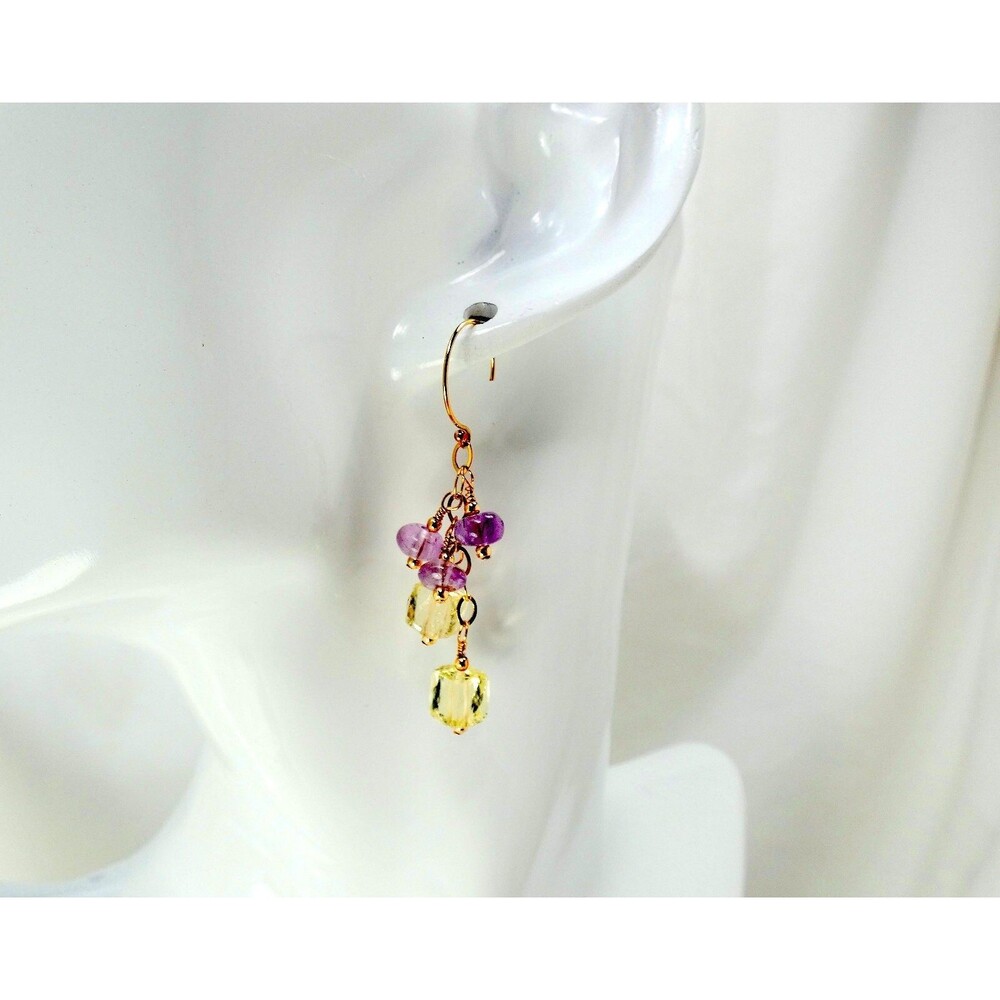 Yellow Quartz - Lavendar Amethyst Gold Earrings